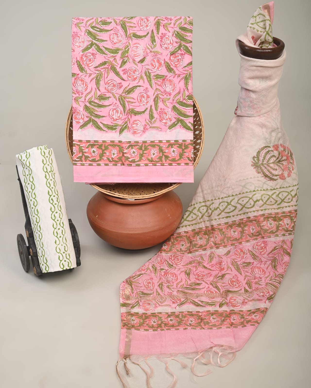 Wholesale 3pc Handblock Printed Cotton Dress Material with Chanderi Dupatta – Pink Floral Jaal Design, Artisan-Crafted in Rajasthan for Designers, Boutiques, and Bulk Orders