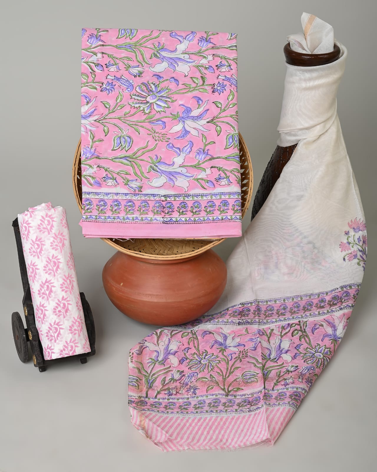 Wholesale 3pc Handblock Printed Cotton Dress Material with Chanderi Dupatta – Pink Jaal Design, Artisan-Crafted in Rajasthan for Designers, Boutiques, and Bulk Orders
