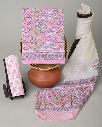 Wholesale 3pc Handblock Printed Cotton Dress Material with Chanderi Dupatta – Pink Jaal Design, Artisan-Crafted in Rajasthan for Designers, Boutiques, and Bulk Orders