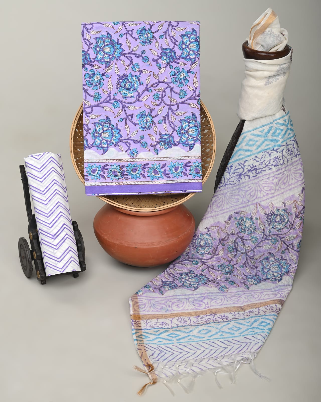 Wholesale 3pc Handblock Printed Cotton Dress Material with Chanderi Dupatta – Purple Jaal Design, Artisan-Crafted in Rajasthan for Designers, Boutiques, and Bulk Orders