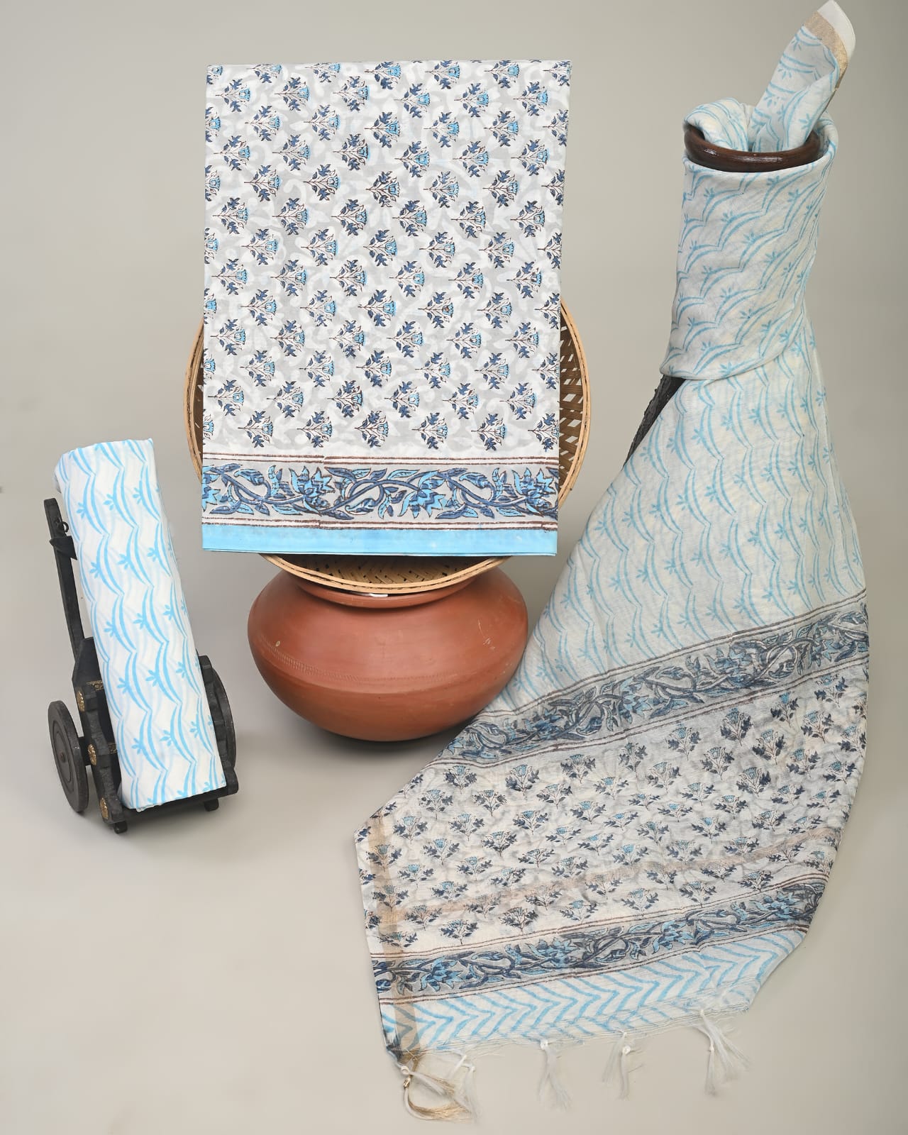 Wholesale 3pc Handblock Printed Cotton Dress Material with Chanderi Dupatta – White Floral Butti Design, Artisan-Crafted in Rajasthan for Designers, Boutiques, and Bulk Orders