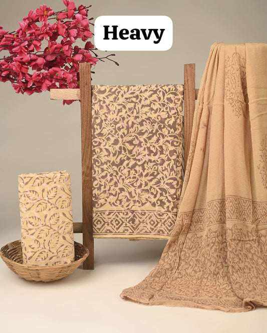 Beige jaal cotton dress material with chiffon dupatta wholesale, handblock printed pure cotton dress material for boutiques and designers by Fabtexs