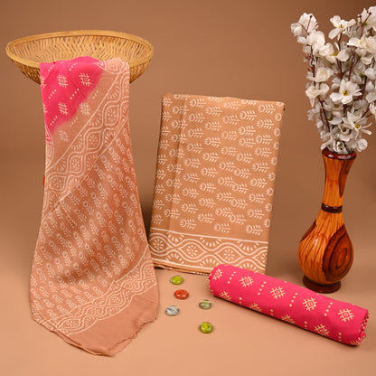 Beige pink butti pure cotton dress material with chiffon dupatta wholesale, handblock printed cotton suit set by Fabtexs