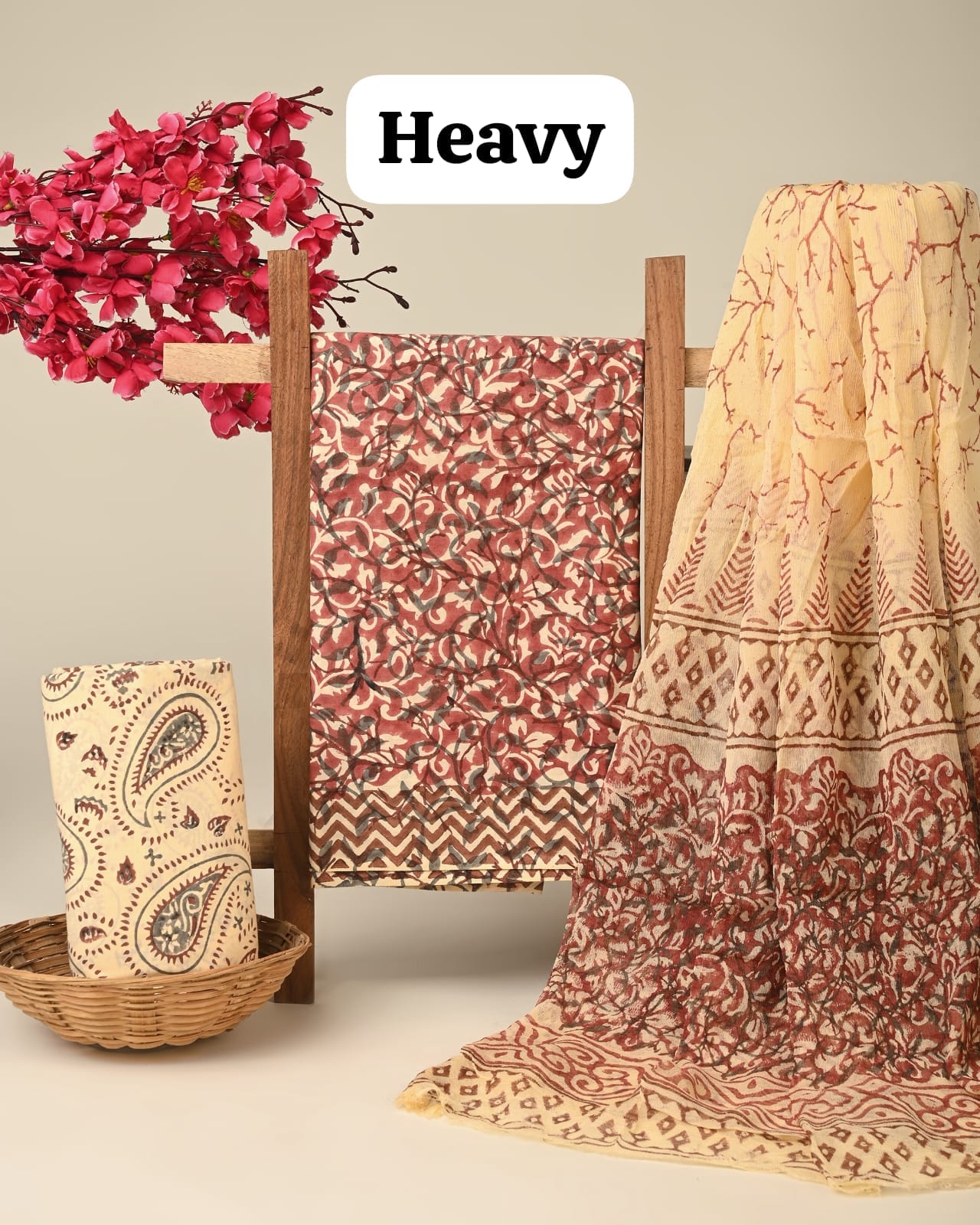 Beige purple jaal cotton dress material with chiffon dupatta wholesale, artisan handblock printed cotton dress material by Fabtexs