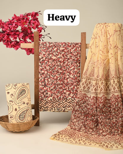 Beige purple jaal cotton dress material with chiffon dupatta wholesale, artisan handblock printed cotton dress material by Fabtexs