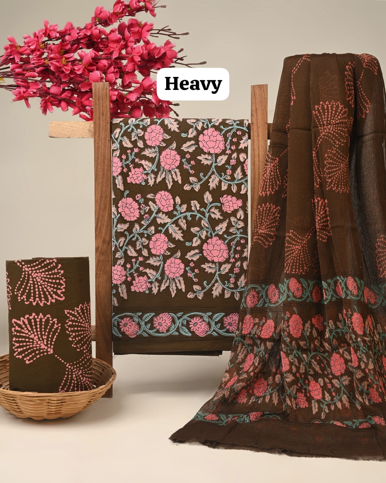 Black butta cotton dress material with chiffon dupatta wholesale, artisan handblock printed cotton suit material by Fabtexs26