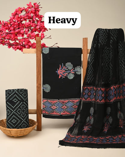 Black floral butta jaal cotton dress material with chiffon dupatta wholesale, handblock printed cotton suit material by Fabtexs