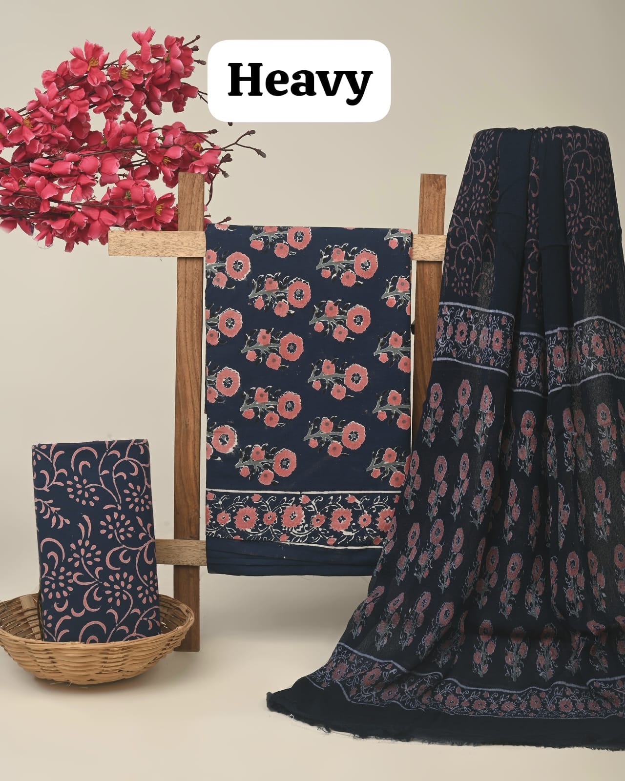 Black butta jaal cotton dress material with chiffon dupatta wholesale, artisan handblock printed cotton fabric set by Fabtexs