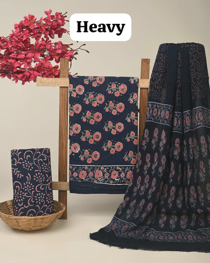Black butta jaal cotton dress material with chiffon dupatta wholesale, artisan handblock printed cotton fabric set by Fabtexs
