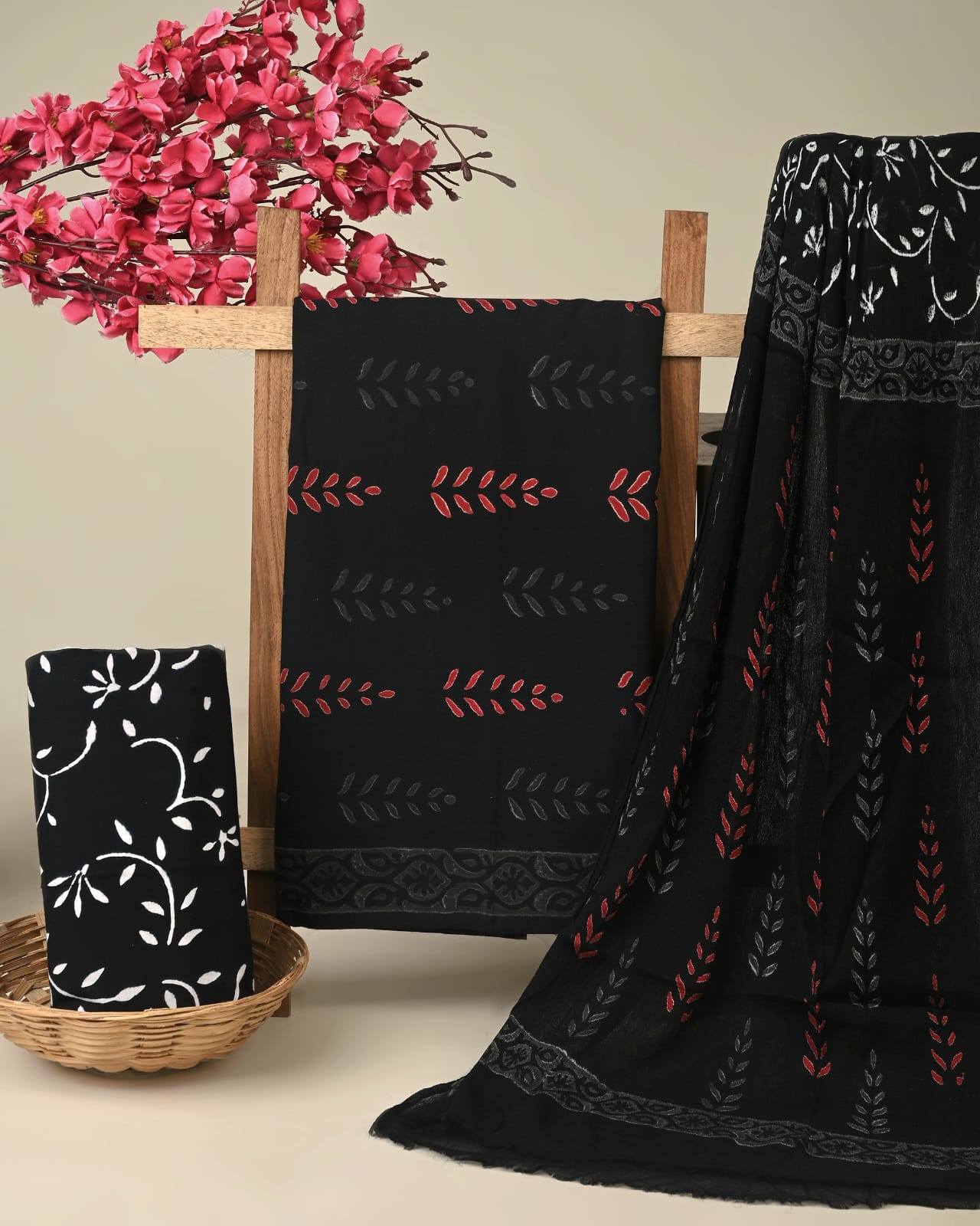 black fern butti handblock printed cotton dress material with chiffon dupatta wholesale India low MOQ boutique fabric Fabtexs