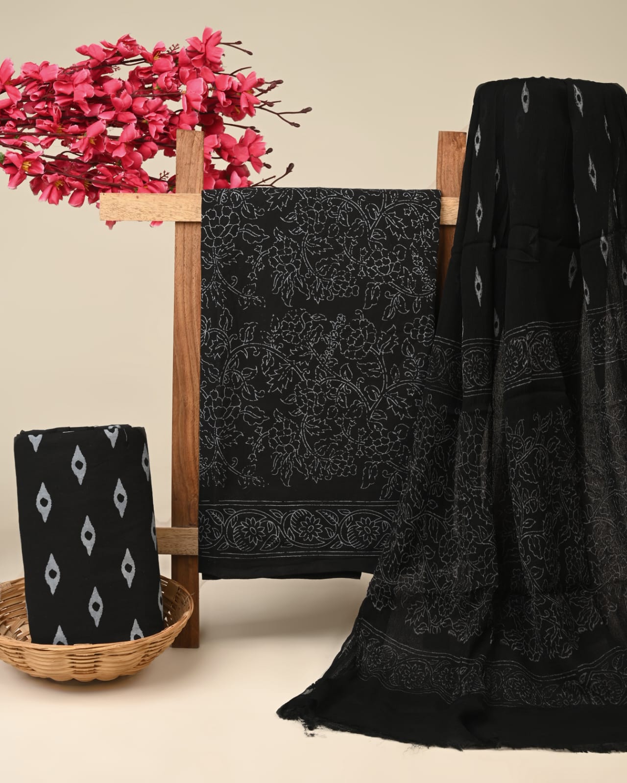 black jaal handblock printed cotton dress material with chiffon dupatta wholesale India fabric for designers boutiques Fabtexs