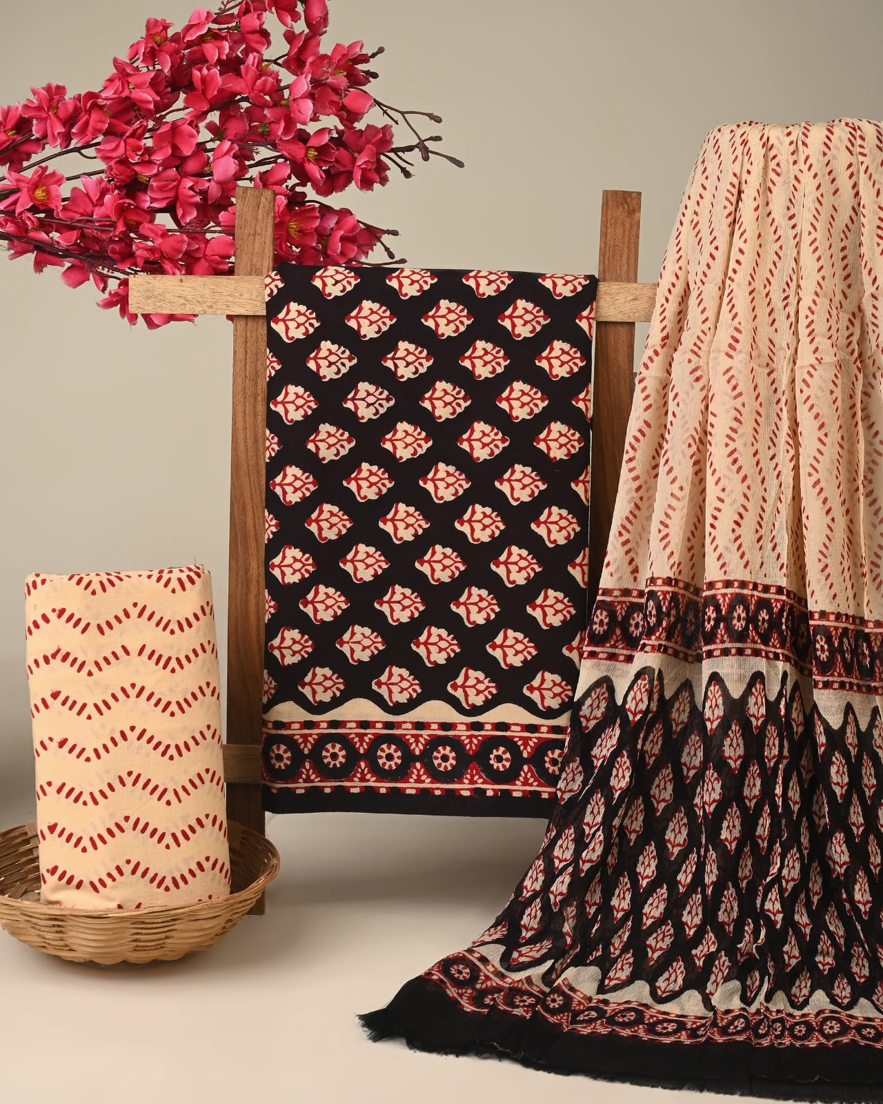 black maroon butti handblock printed cotton dress material with chiffon dupatta wholesale India boutique fabric sourcing Fabtexs