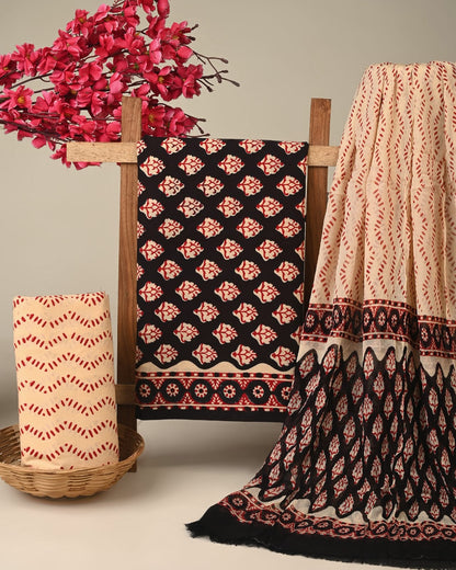 black maroon butti handblock printed cotton dress material with chiffon dupatta wholesale India boutique fabric sourcing Fabtexs