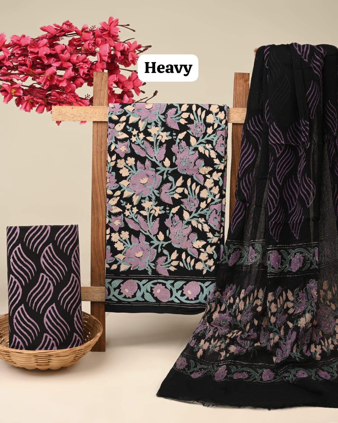black pink floral jaal handblock printed cotton dress material with chiffon dupatta wholesale India supplier for designers Fabtexs