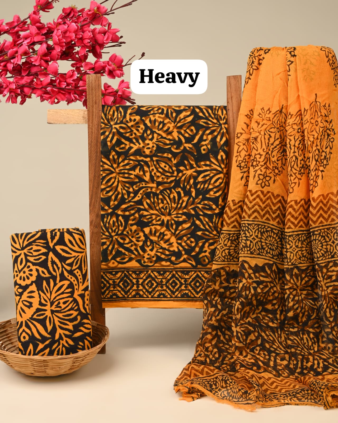 black pink floral jaal handblock printed cotton dress material with chiffon dupatta wholesale India supplier for designers Fabtexs26