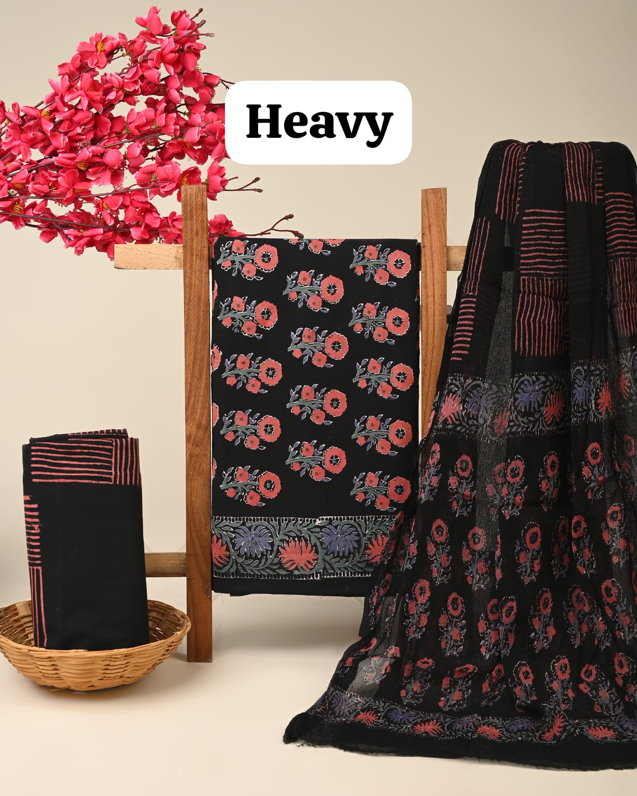 Black pink geometrical cotton dress material with chiffon dupatta wholesale, handblock printed cotton dress material for B2B buyers by Fabtexs