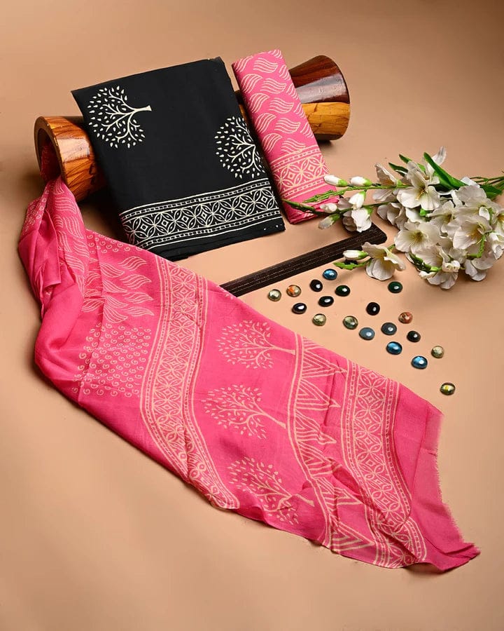 Black pink tree butta pure cotton dress material with chiffon dupatta wholesale, handblock printed cotton suit set by Fabtexs