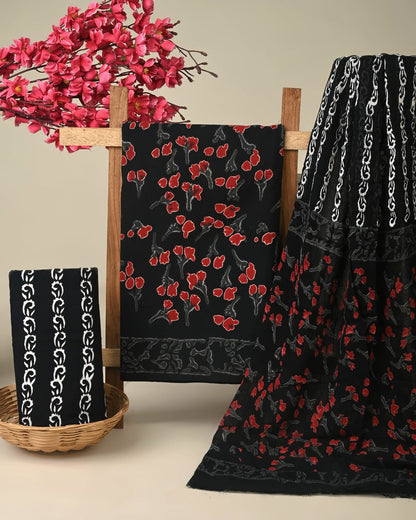 black red butti handblock printed cotton dress material with chiffon dupatta wholesale India cotton fabric supplier Fabtexs
