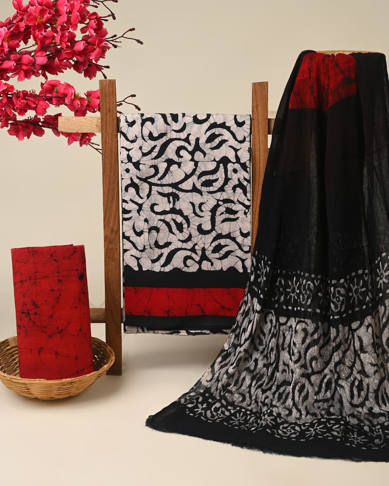 black red handblock printed cotton dress material with chiffon dupatta wholesale India low MOQ fabric supplier Fabtexs