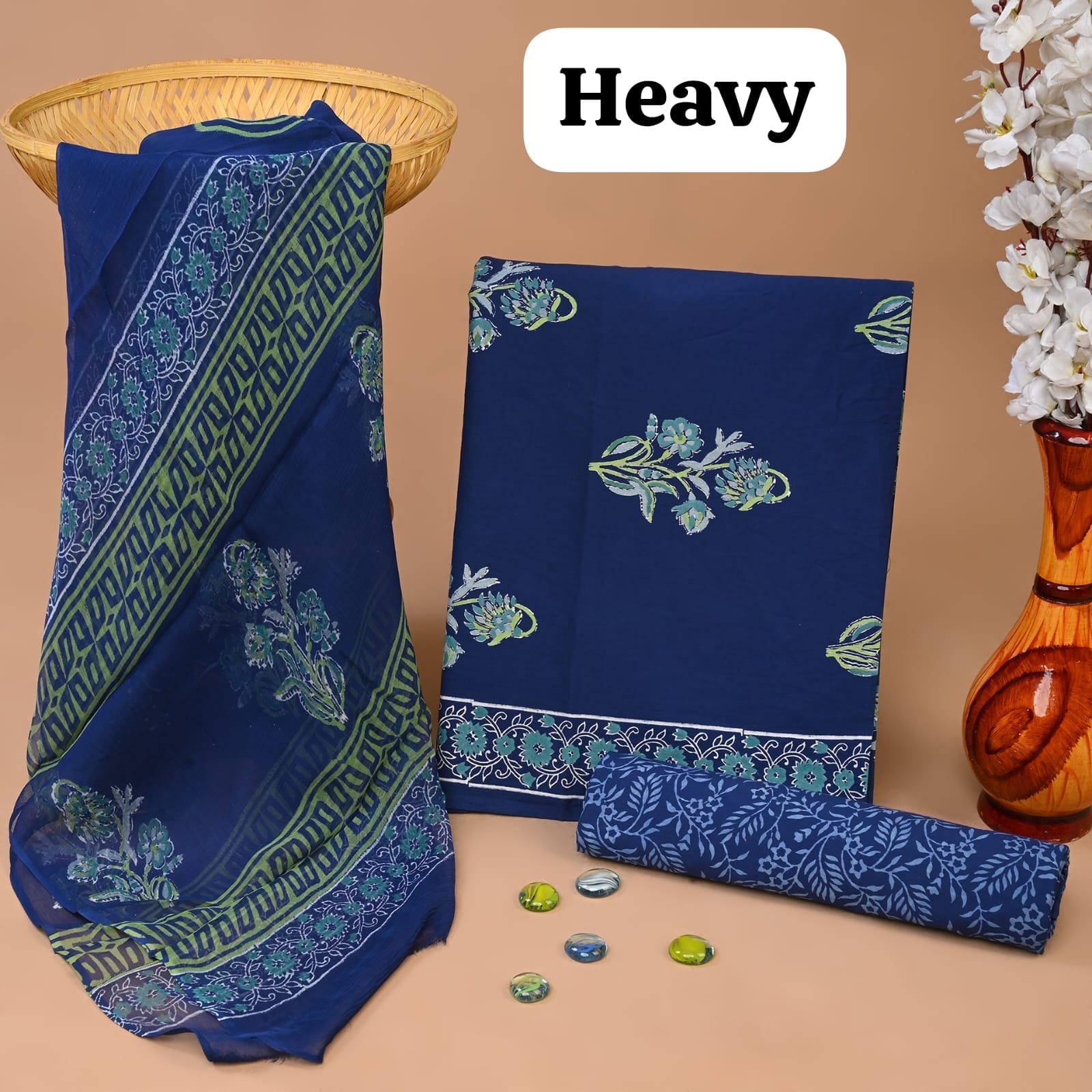 Blue butta border cotton dress material with chiffon dupatta wholesale, handblock printed cotton dress material for B2B buyers by Fabtexs