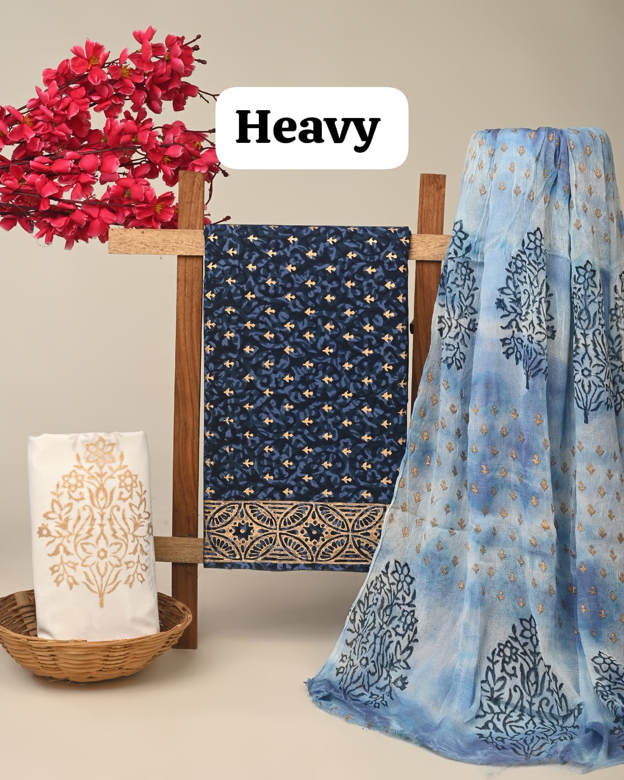 Blue butta cotton dress material with chiffon dupatta wholesale, artisan handblock printed cotton suit material by Fabtexs