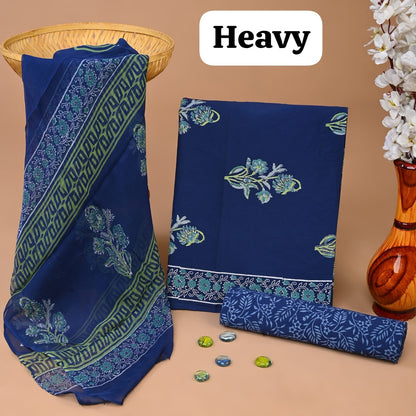 Blue butta jaal cotton dress material with chiffon dupatta wholesale, artisan handblock printed cotton dress material by Fabtexs