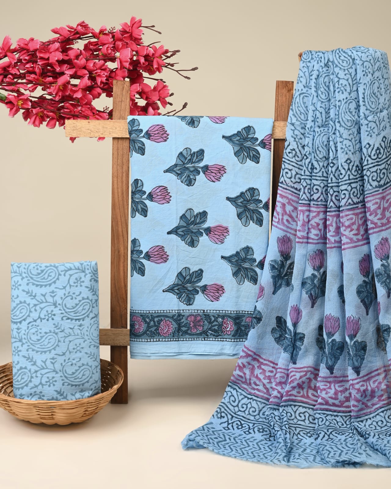 blue floral butta handblock printed cotton dress material with chiffon dupatta wholesale India cotton fabric sourcing Fabtexs