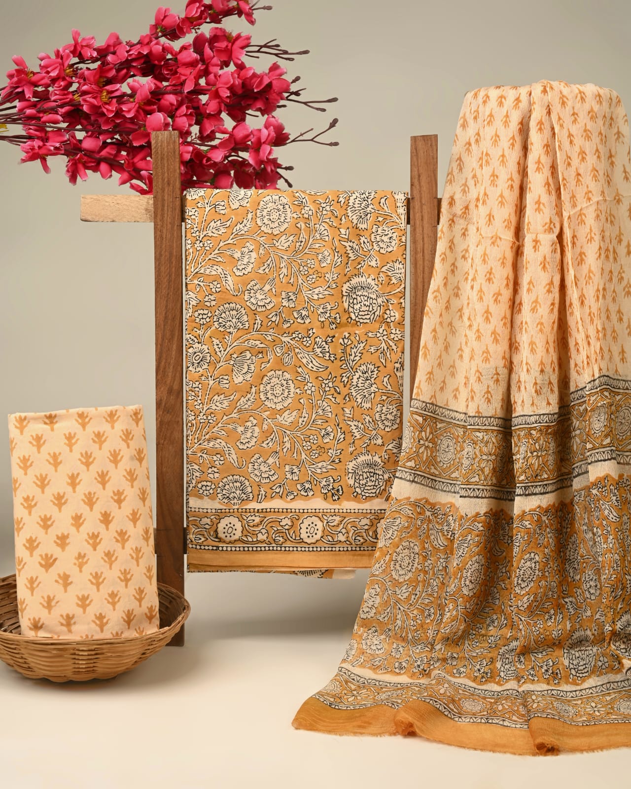 blue floral butta handblock printed cotton dress material with chiffon dupatta wholesale India cotton fabric sourcing Fabtexs26