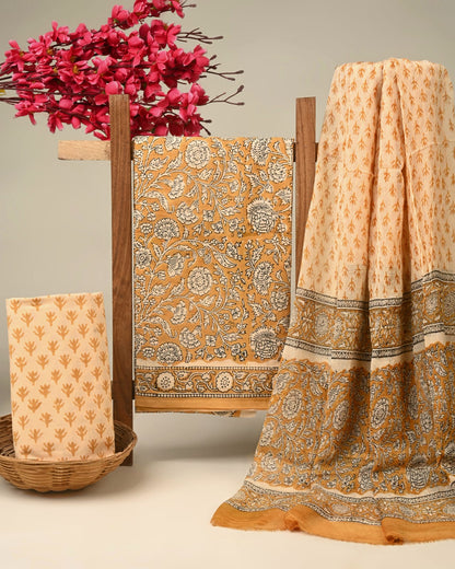 blue floral butta handblock printed cotton dress material with chiffon dupatta wholesale India cotton fabric sourcing Fabtexs26