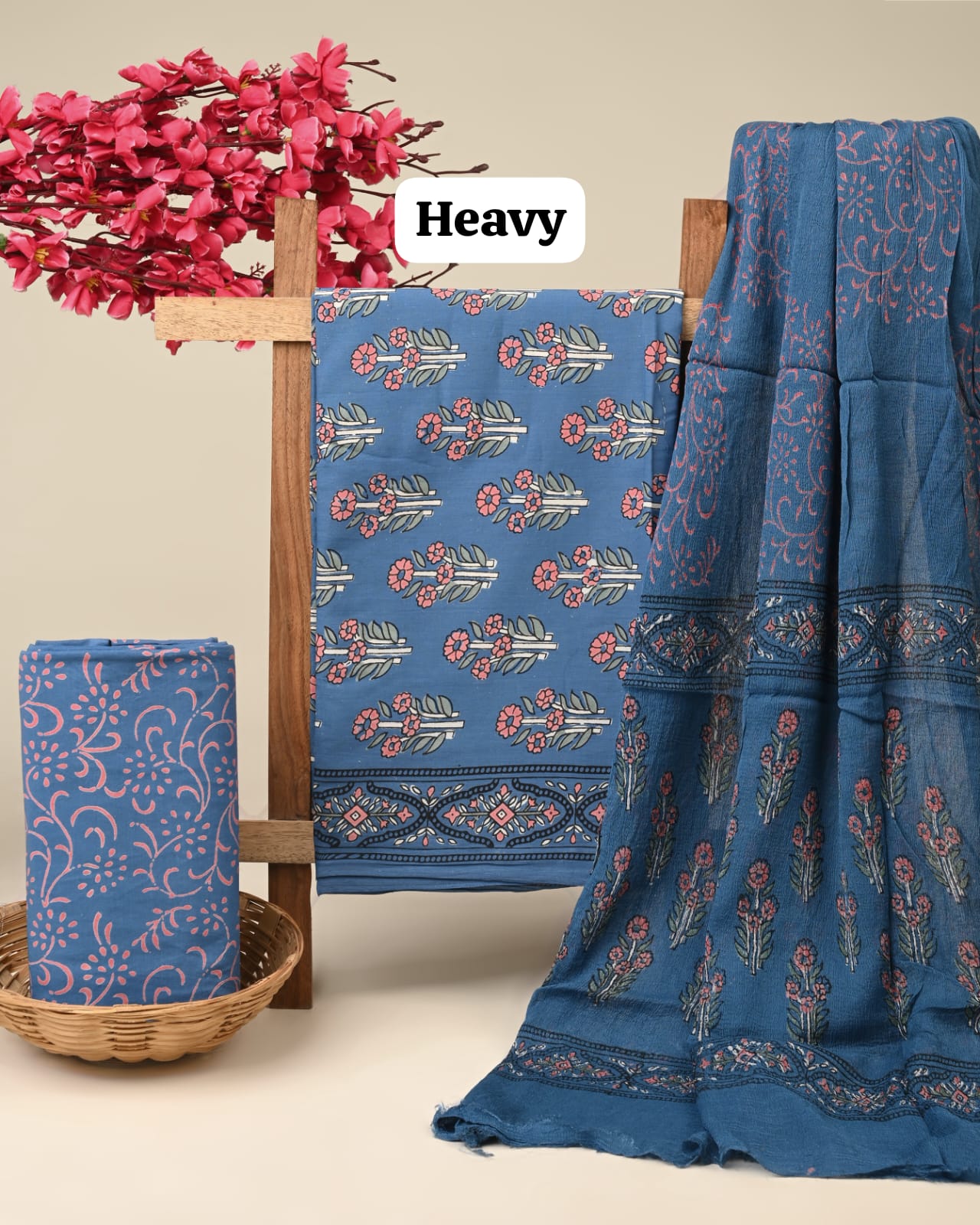 blue floral jaal handblock printed cotton dress material with chiffon dupatta wholesale India boutique fabric sourcing Fabtexs