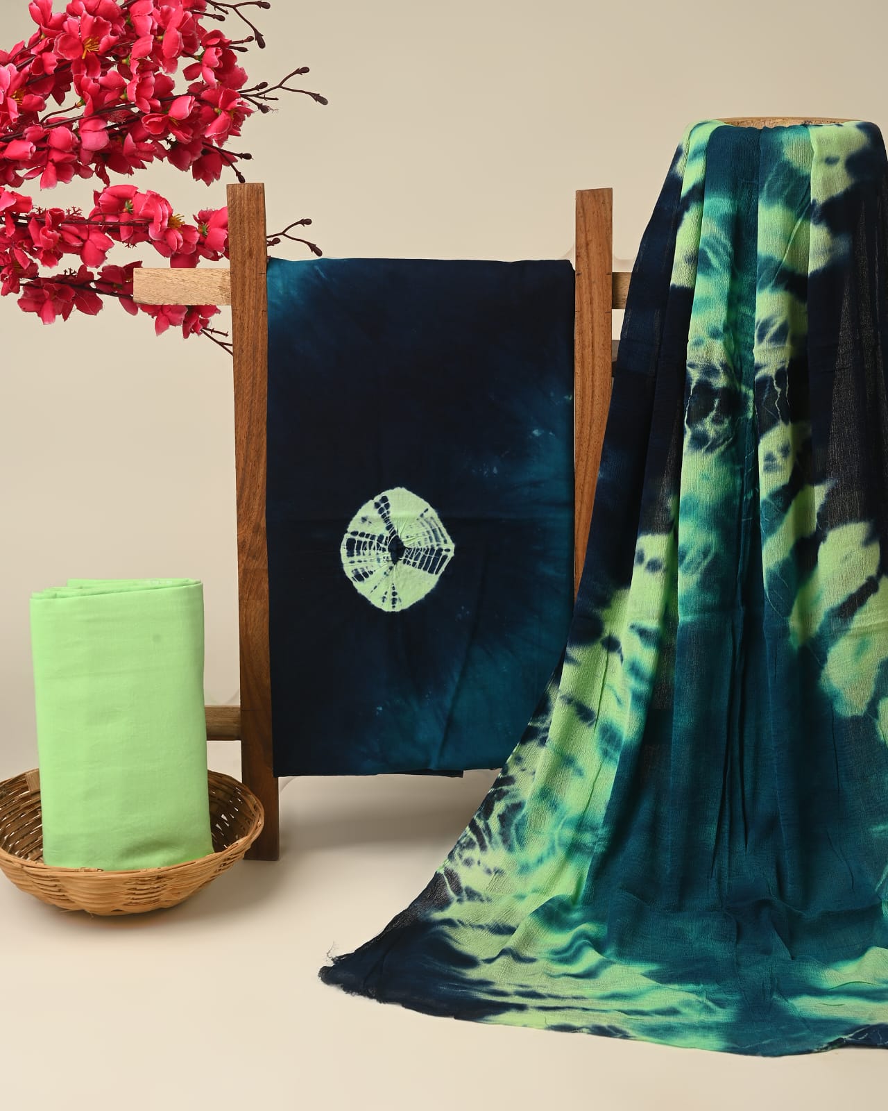 Blue green batik pure cotton dress material with chiffon dupatta wholesale, artisan dyed cotton suit set by Fabtexs