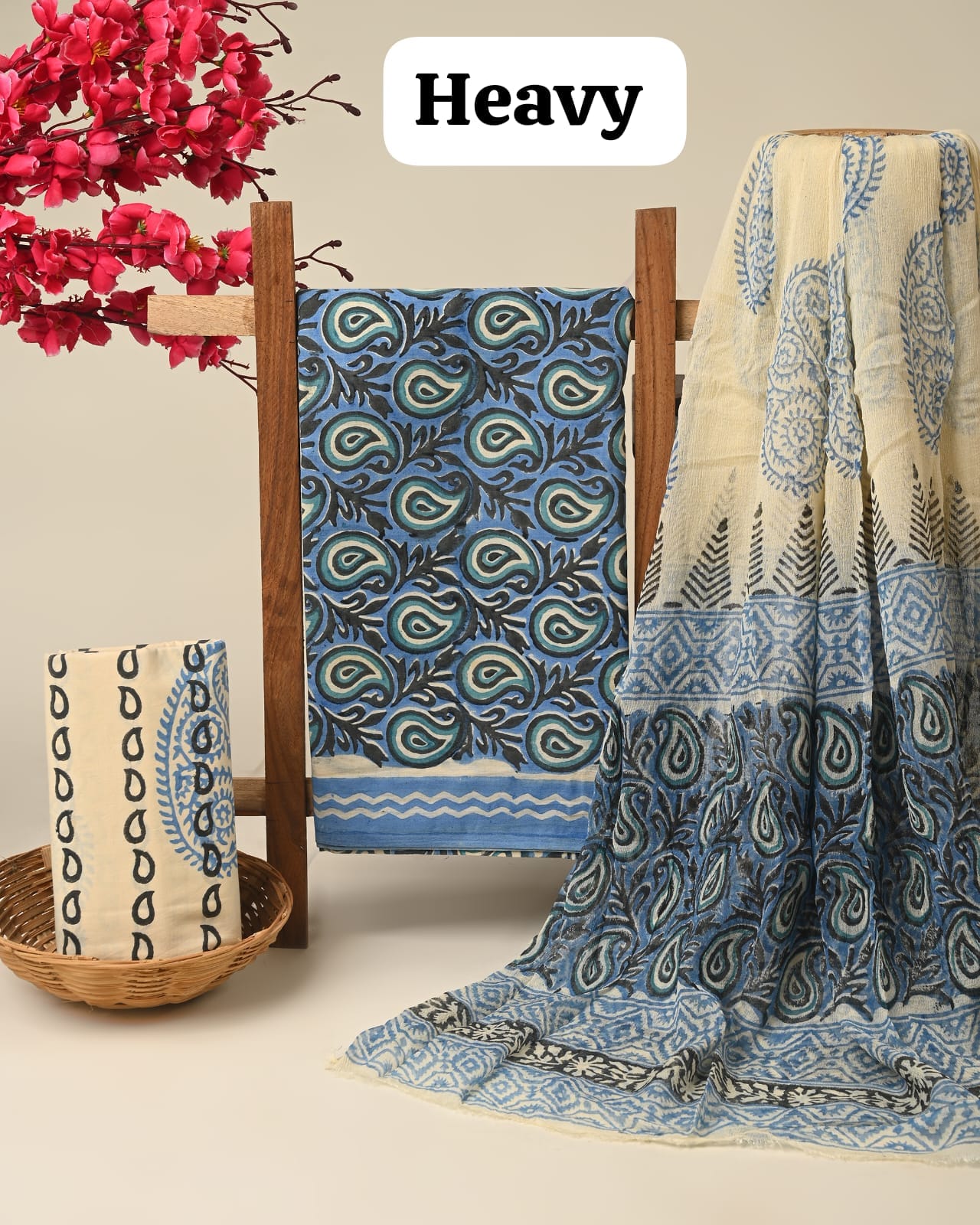 Blue grey cotton dress material with chiffon dupatta wholesale, handblock printed cotton fabric set for boutiques by Fabtexs