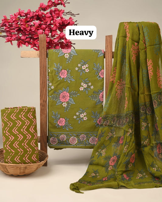 Blue jaal cotton dress material with chiffon dupatta wholesale, handblock printed pure cotton dress material for boutiques and designers by Fabtexs26