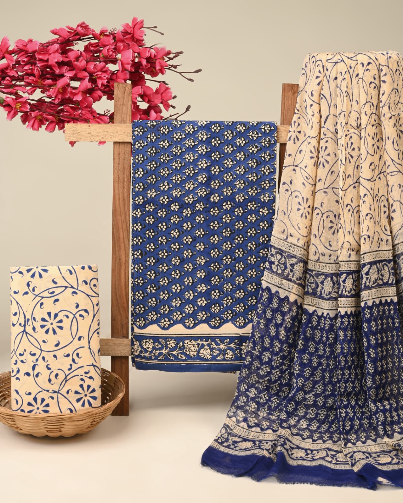 blue small butti handblock printed cotton dress material with chiffon dupatta wholesale India boutique fabric sourcing Fabtexs
