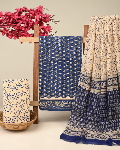 blue small butti handblock printed cotton dress material with chiffon dupatta wholesale India boutique fabric sourcing Fabtexs