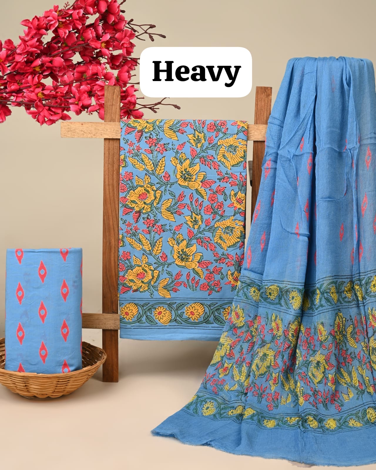 blue yellow jaal handblock printed cotton dress material with chiffon dupatta wholesale India cotton fabric sourcing low MOQ Fabtexs