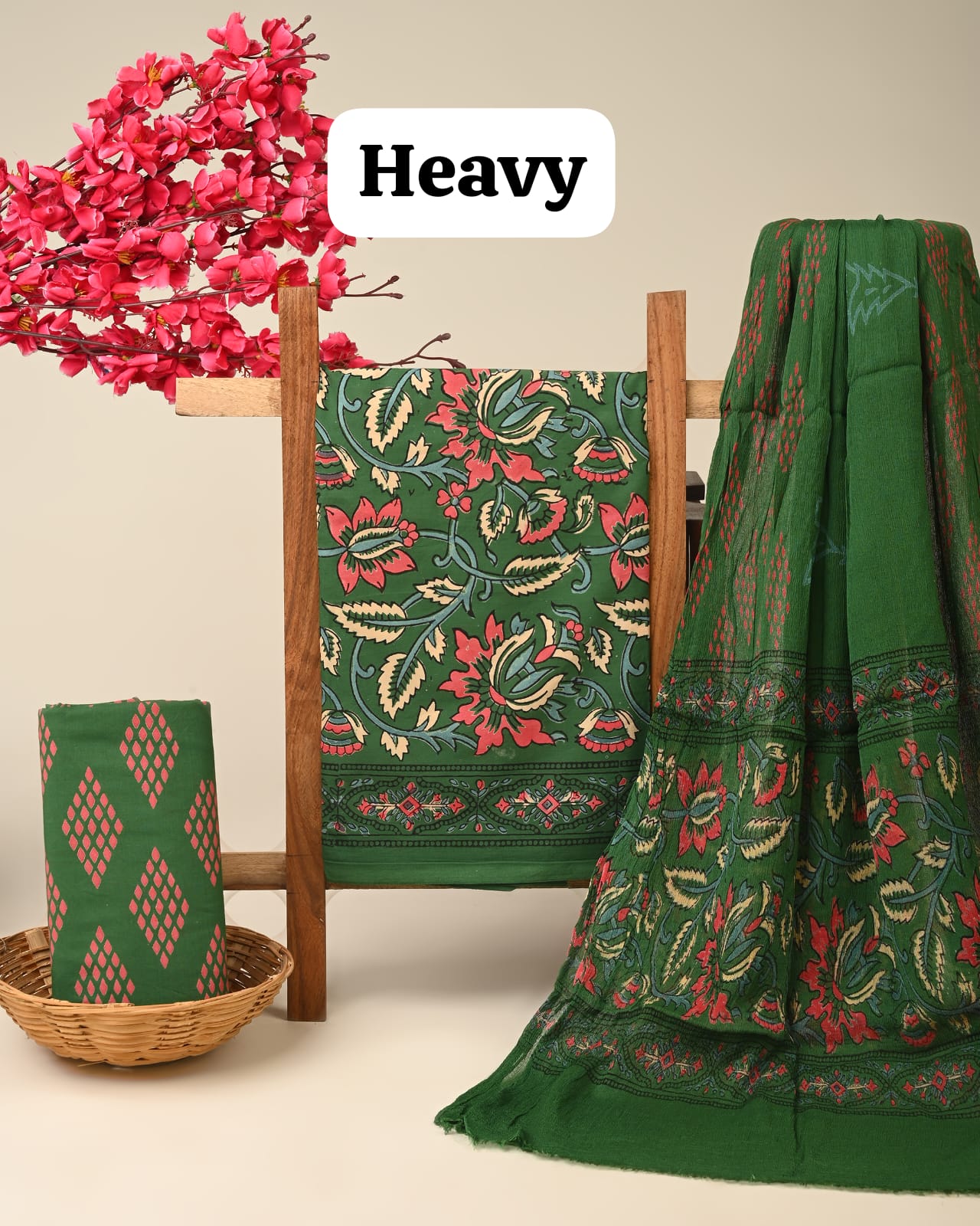 Bottle green jaal cotton dress material with chiffon dupatta wholesale, handblock printed cotton fabric set by Fabtexs