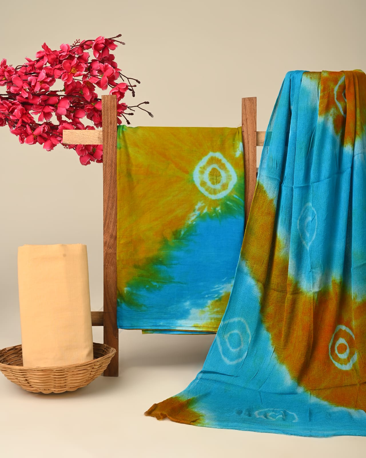 brown blue shibori handblock printed cotton dress material with chiffon dupatta wholesale India boutique supplier Fabtexs