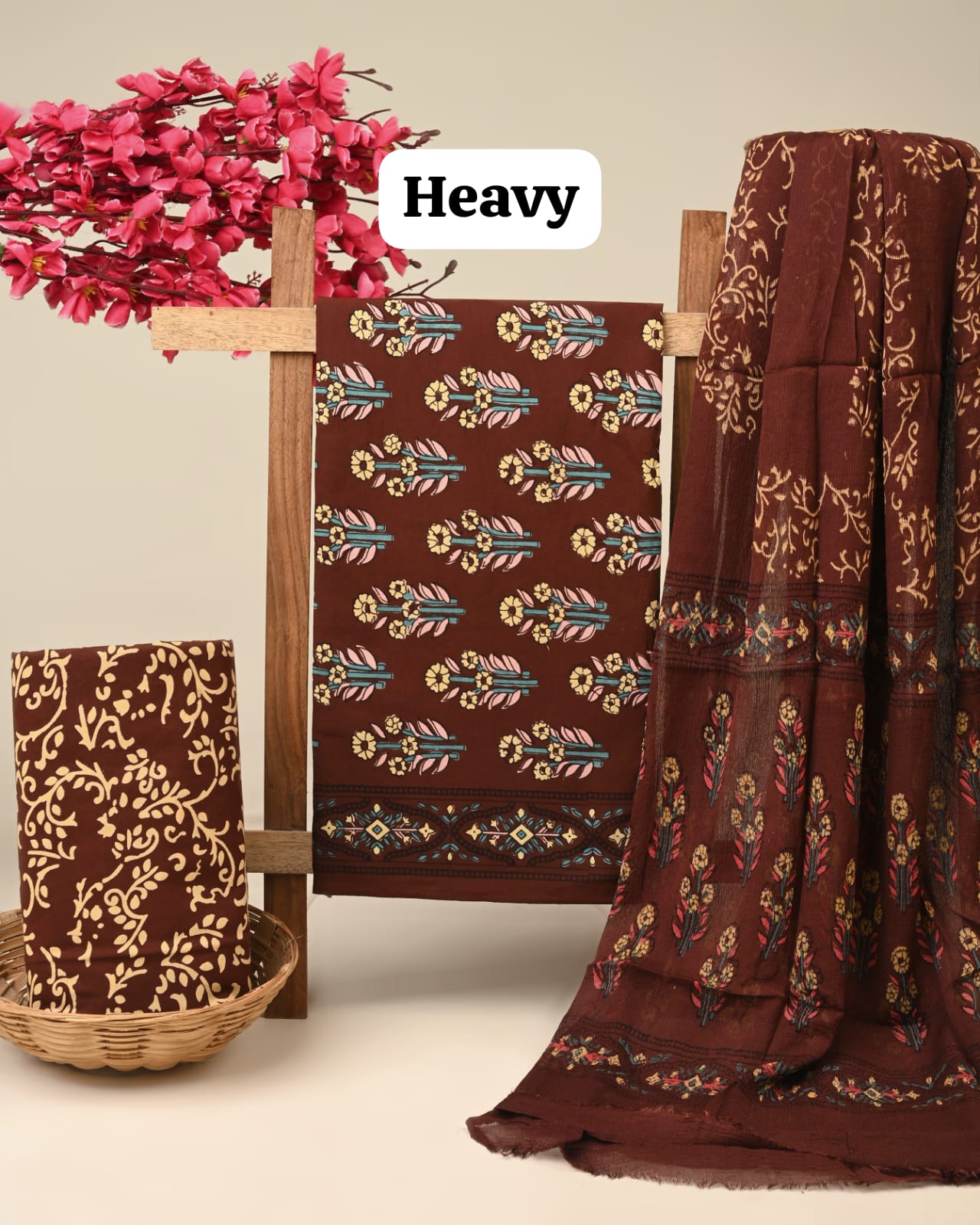 brown butta handblock printed cotton dress material with chiffon dupatta wholesale India fabric for boutiques bulk buyers Fabtexs