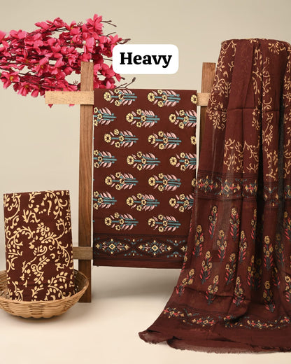 brown butta handblock printed cotton dress material with chiffon dupatta wholesale India fabric for boutiques bulk buyers Fabtexs