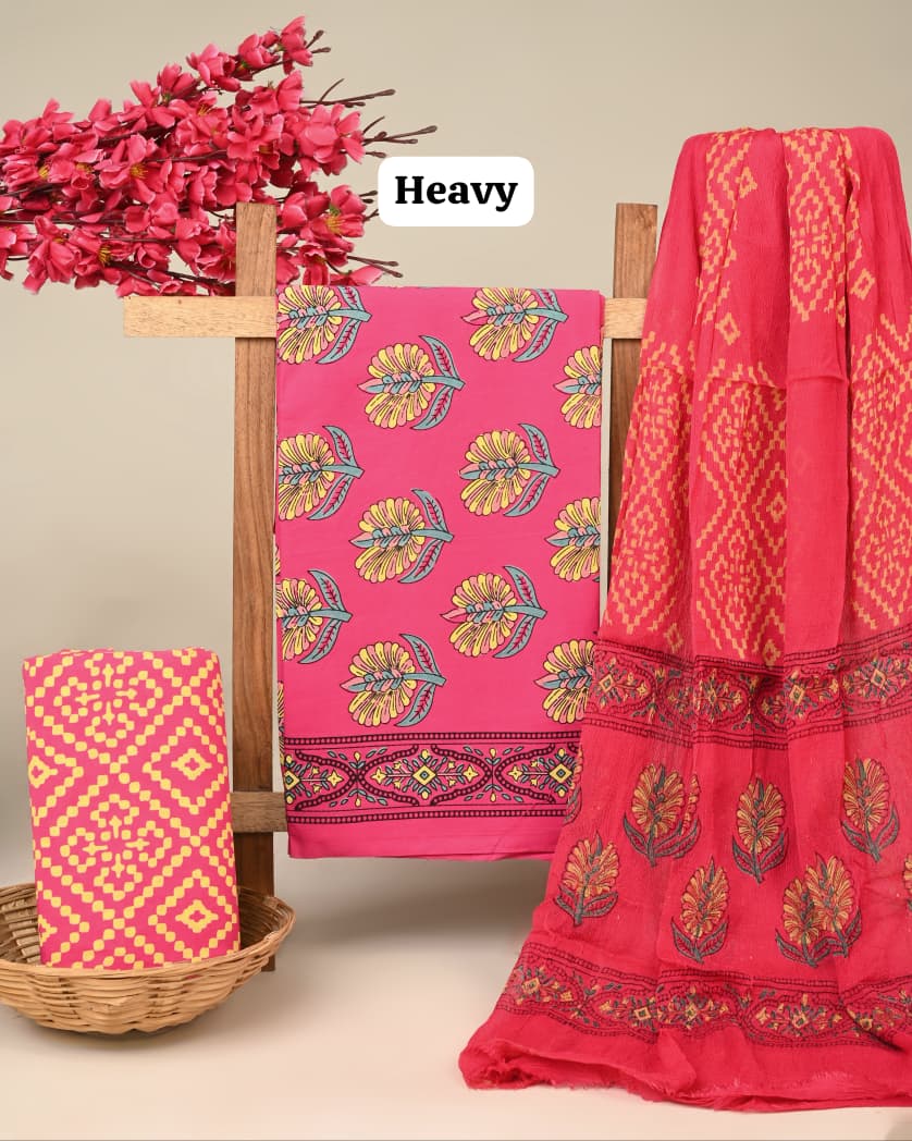 brown butta handblock printed cotton dress material with chiffon dupatta wholesale India fabric for boutiques bulk buyers Fabtexs26