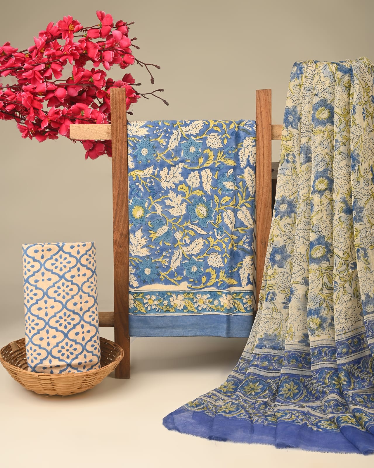 Cream blue pure cotton dress material with chiffon dupatta wholesale, handblock printed cotton suit set by Fabtexs