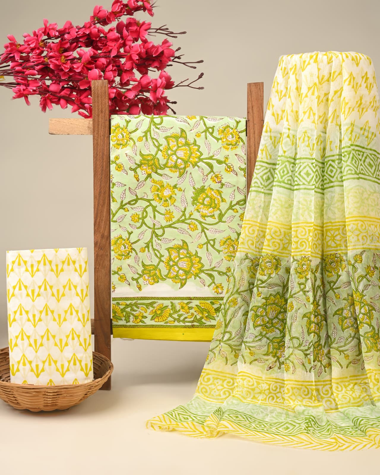 cream butta jaal handblock printed cotton dress material with chiffon dupatta wholesale India cotton fabric supplier Fabtexs26