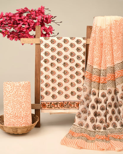 cream butti handblock printed cotton dress material with chiffon dupatta wholesale India boutique supplier low MOQ Fabtexs