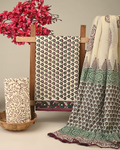 cream green butti handblock printed cotton dress material with chiffon dupatta wholesale India cotton fabric sourcing Fabtexs
