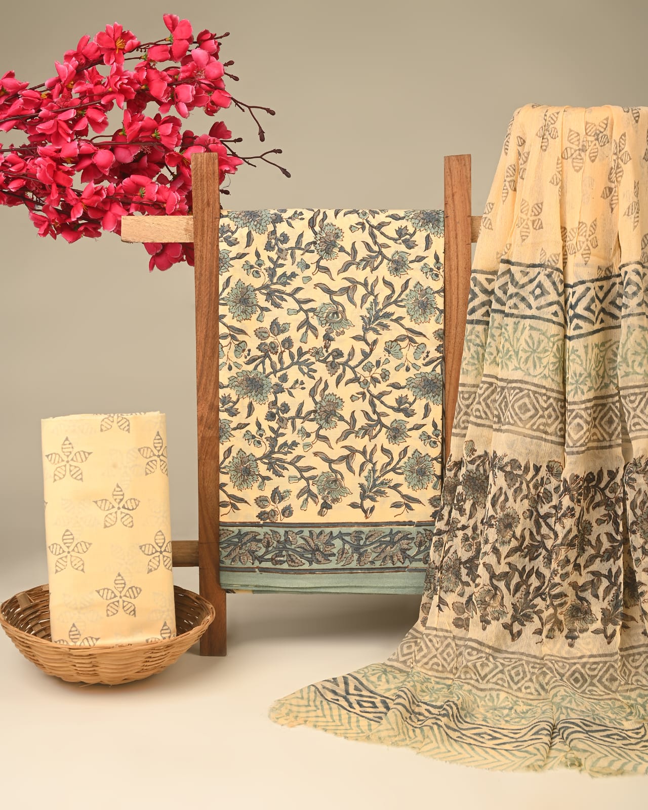 cream grey jaal handblock printed cotton dress material with chiffon dupatta wholesale India boutique sourcing Fabtexs