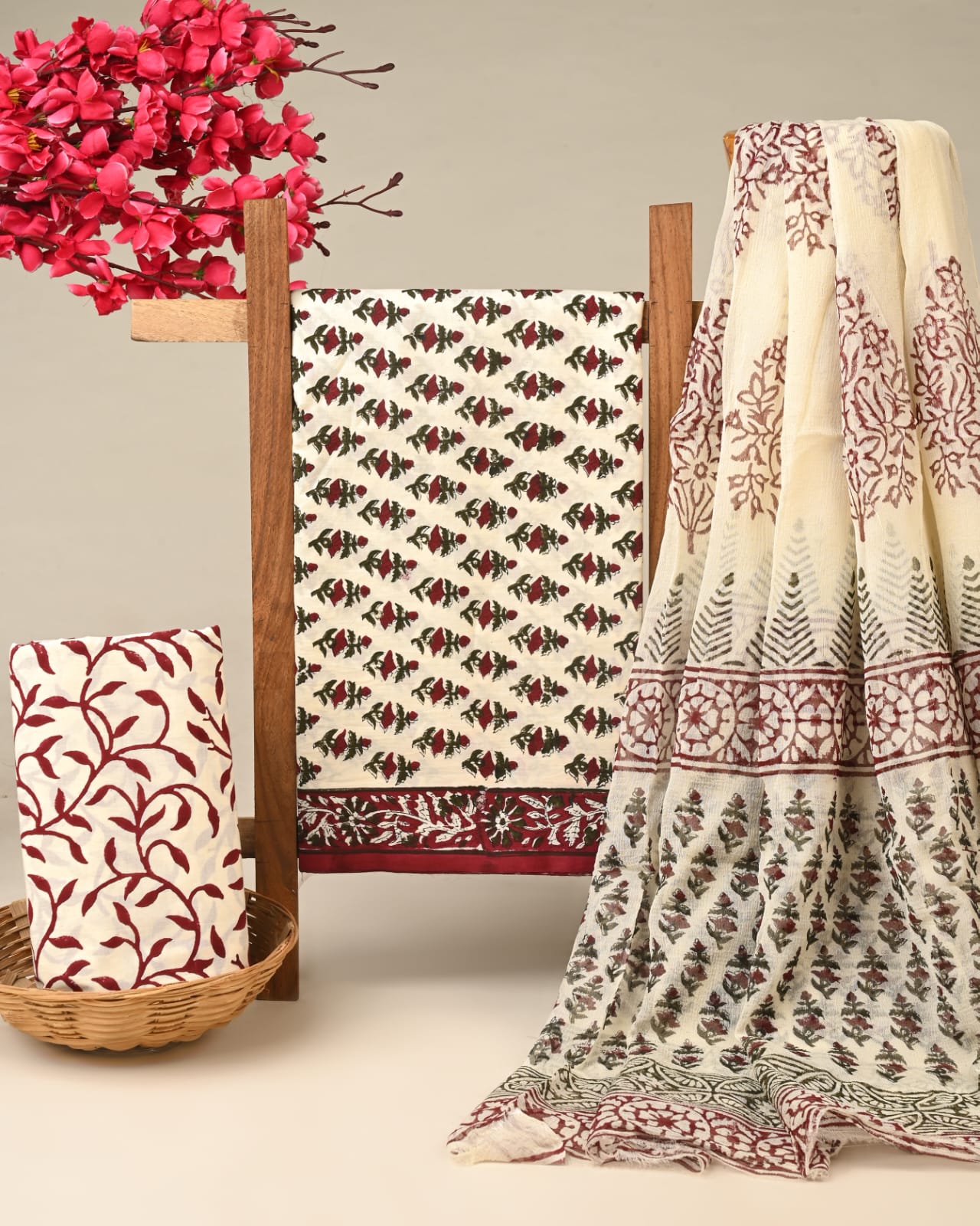 cream grey jaal handblock printed cotton dress material with chiffon dupatta wholesale India boutique sourcing Fabtexs26