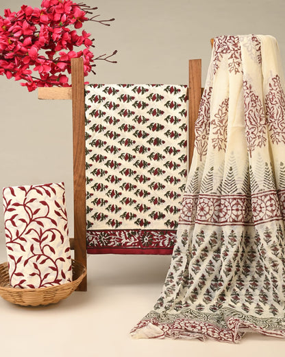 cream grey jaal handblock printed cotton dress material with chiffon dupatta wholesale India boutique sourcing Fabtexs26