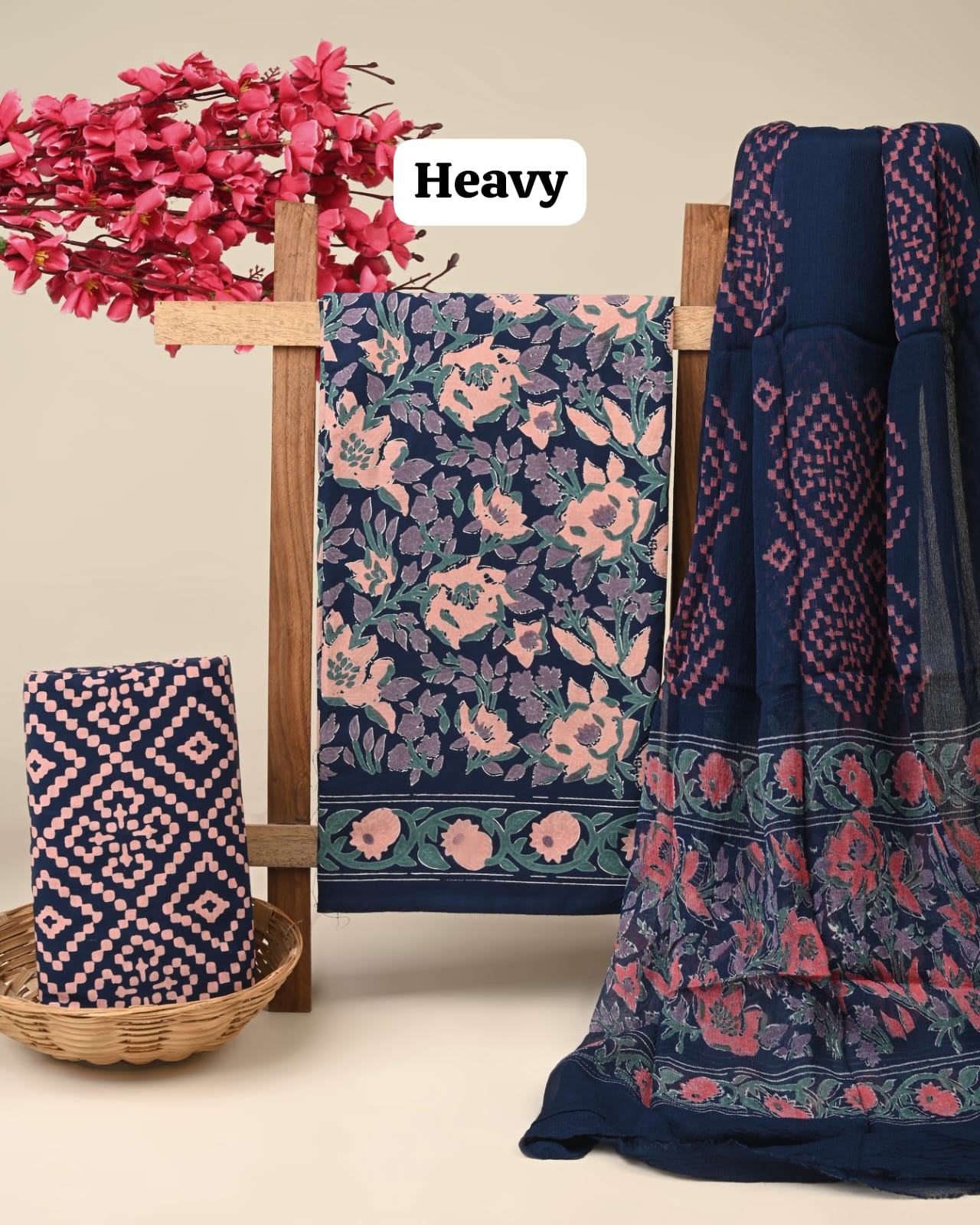 dark blue jaal handblock printed cotton dress material with chiffon dupatta wholesale India boutique fabric supplier Fabtexs