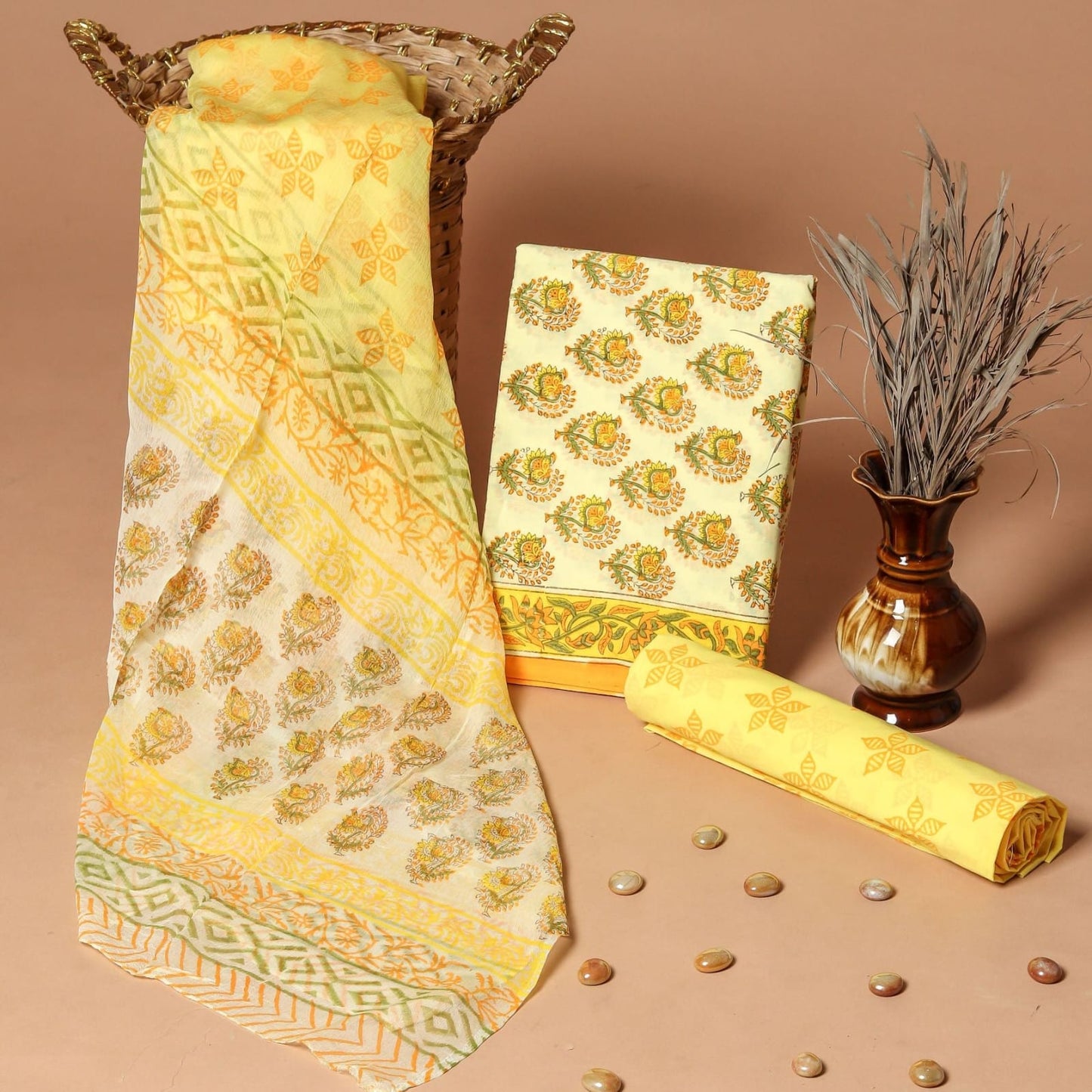 fresh light yellow butta handblock printed cotton dress material with chiffon dupatta wholesale India low MOQ boutique fabric Fabtexs